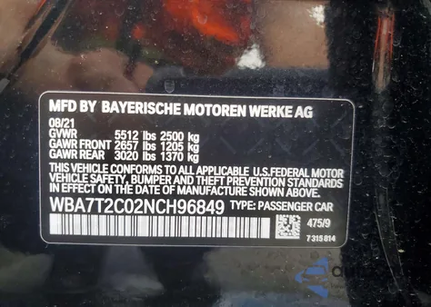 2022 BMW 740 I from USA, damaged, VIN WBA7T2C02NCH96849